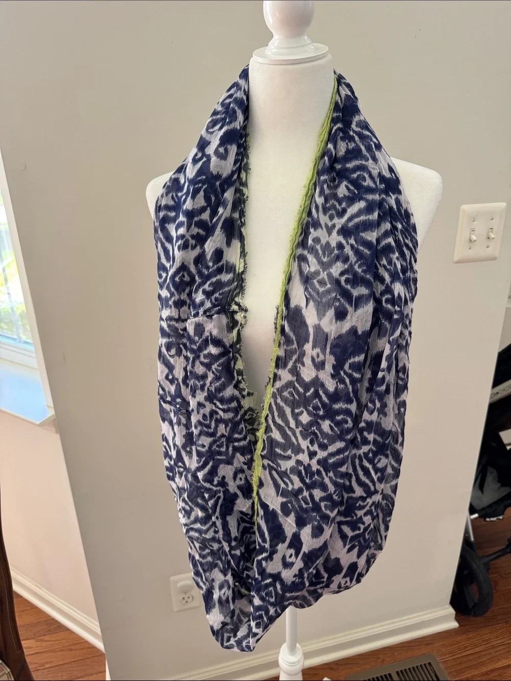 Anthology Lightweight Navy and White Animal-Print Infinity Scarf with Green Trim